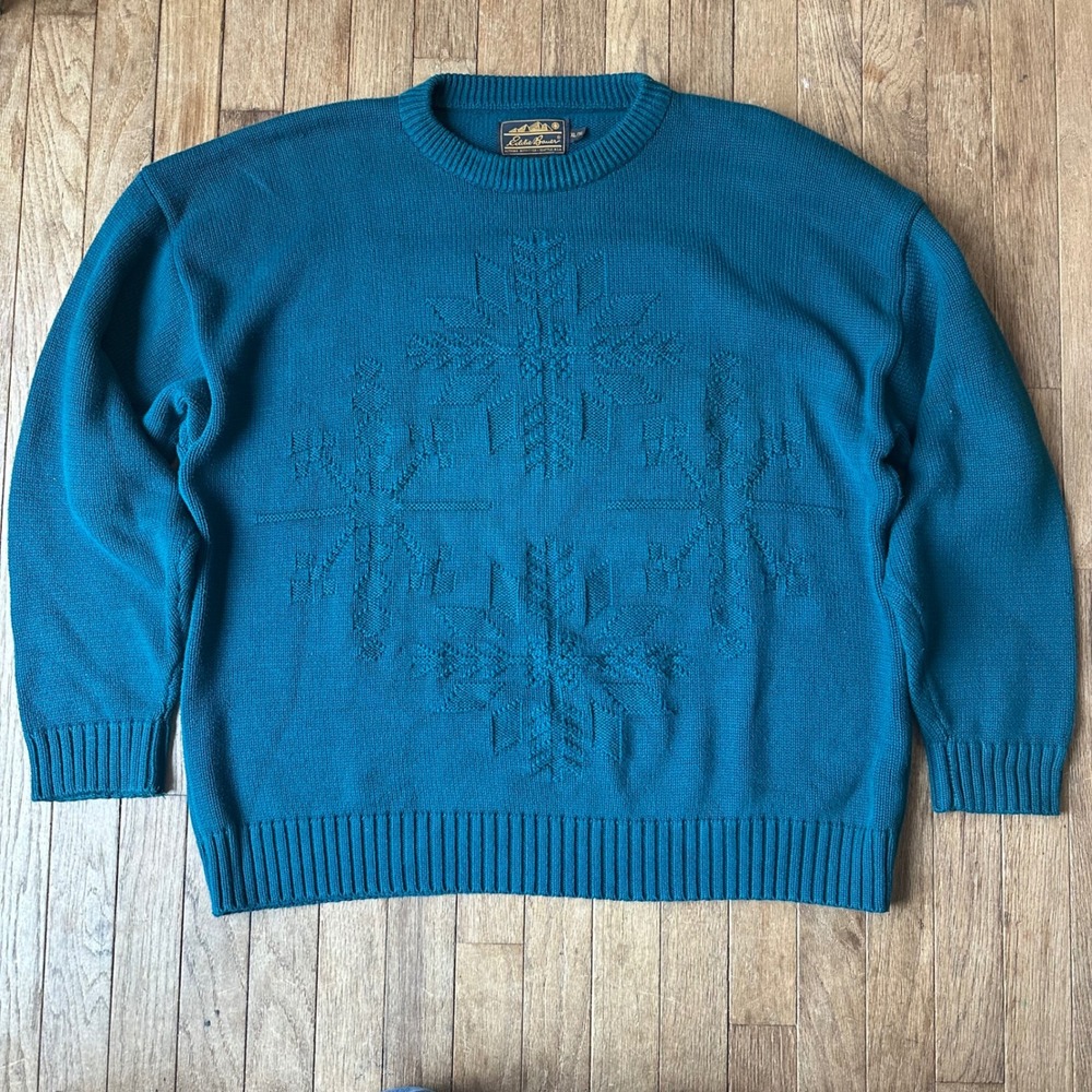 Vintage Eddie Bauer Men XL Teal‎ Snowflake Sweater 100% Cotton Outdoor Nordic